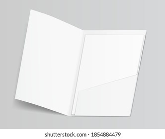 Carpeta blanca limpia en blanco 3D para hojas de papel A4 contenedor aislado en fondo gris. Catálogo de carpetas de bolsillo único para burlarse. Ilustración vectorial realista