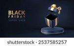 3d Blank open black gift box with gold ribbons with podiums showcase display stand mockup product. Black Friday sale background. New Year and Christmas design. 3d rendering. Vector illustration