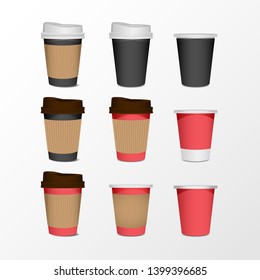 3d blank paper coffee cup realistic set isolated on white background. Vector illustration 