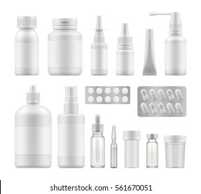 3d blank pharmaceutical medical packaging: container for supplement, spray bottle for drugs. Mock-up of clean pack for medicament. Vector illustration set for package design with blank label.