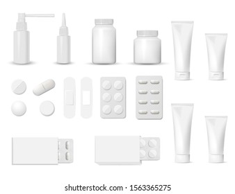 3d blank pharmaceutical packs: blister of pill and capsules, tube, container for tablet, bottle for drugs isolated on white background. Vector illustration. Eps 10.