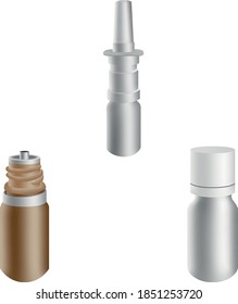 3d blank pharmaceutical packs: nasal spray, jar with dispenser bottle for drugs. Vector mock-up of clean white packaging for medicament. Set for package design.