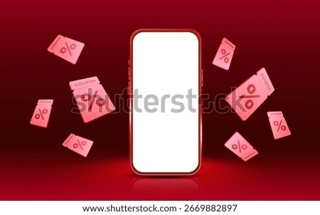 3d blank phone for mockup with glowing effect, flying coupons around, isolated on dark background. Phone banner template with coupon fly for discount event in 3d vector
