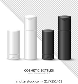 3D blank plastic cosmetic containers. Set of black and white matte cosmetic bottles with cap. Skincare product mockup for logo design. Vector lotion, gel, cream, shampoo, moisturizer template