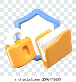 3D blank shield with place for logo, text, lock, folder with documents