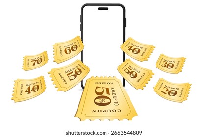 3D-Smartphone-Blankoscheck mit ausgeflogenen Geschenkgutscheinkarten, Gutscheincode, 50% Rabatt, einzeln auf weißem Hintergrund. Cashback Gutschein mit Telefon Banner Vorlage in 3D Vektorgrafik