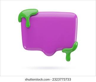 3d blank speech bubble with dripping green slime. Minimal realistic plastic three dimensional Halloween purple chat icon on white background.