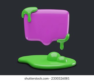 3d blank speech bubble with dripping green slime spots and bubbling puddle. Minimal realistic plastic three dimensional spooky Halloween chat icon.