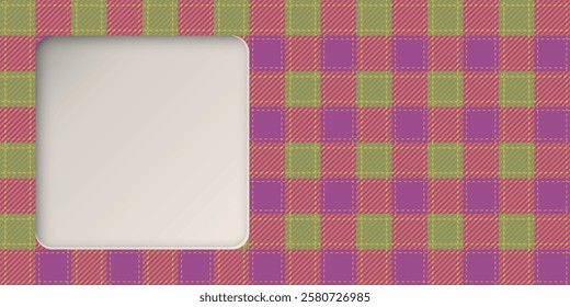3D blank square frame paper cut style with colorful tartan plaid pattern background graphic illustration.