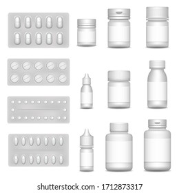 3 quinquies en blanco para el embalaje médico para píldora y medicación líquida: frascos de spray, recipiente para el medicamento, frasco de medicina con tapa. Conjunto de blisters blancos con iconos realistas con pastillas y cápsulas.