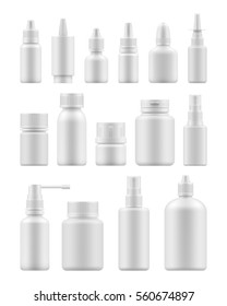 3d blank template medical packaging for pill and liquid medication: spray bottles, container for drug, medicine jar with cap. Realistic mock-up of white plastic pack. Vector set for package design