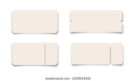 3D blank tickets set vector illustration. Realistic cardboard coupons collection with borders of different shapes on empty tickets template, voucher for theatre or cinema seats, boarding airplane