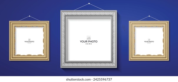 3D blank wall hanging photo frame vector