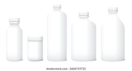 3D blank white plastic bottle packaging mock up isolated template graphic illustration.