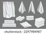 3d blanket and towel, white cloth. Hang bath cotton, fluffy folded rolls, spa pile, hygienic toilet terry objects on holder. Home or hotel washcloth. Vector neoteric realistic template