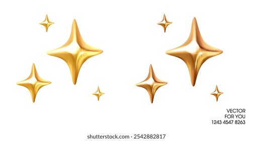 3d blink sparkle or sparkling icons in golden style, isolated on white background. 3d shining sparkle vector symbol. 