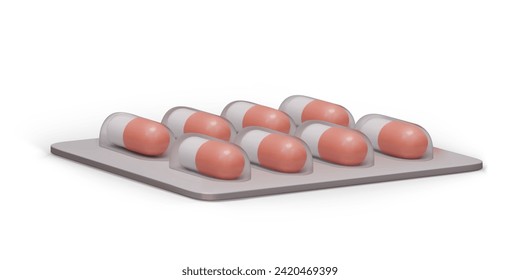 3D blister with capsules, side view. Packaging with medicines. Isolated vector illustration