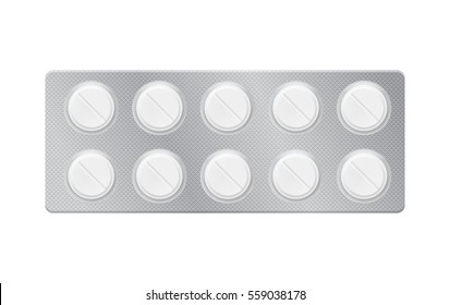 3d blister with pills for illness and pain treatment. Medical drug package for tablet: vitamin, antibiotic, aspirin. Realistic mock-up of packaging. Vector illustrations of pack isolated on background