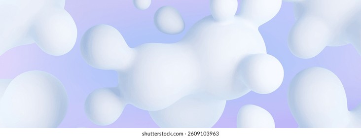 3D blob banner with white liquid shapes on blue gradient background. Smooth floating spherical objects. Soft curved forms with dreamy effect. Clean minimal design for web headers or promotion.