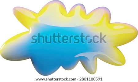 3D blob gradient blue and yellow colors cartoon plastic style vector icon. Abstract blot, paint splash. Realistic bright slime, jelly stain, liquid dripping smudge. Glossy dribble design element
