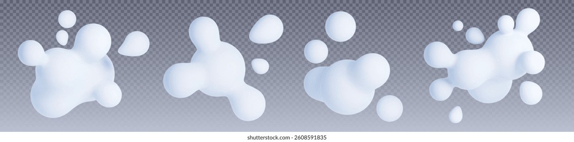 3D blob liquid abstract shapes - white amorphous fluid formations on transparent background. Smooth droplets of irregular form with soft gradient shadows. Organic structures for graphic design.