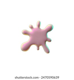 3D-Klecksform mit tropfenden Folientropfen mit glänzendem Hologramm-Effekt. Eine surreale Vektorgrafik in leuchtendem Rosa, die sich vor einem weißen Hintergrund abhebt.