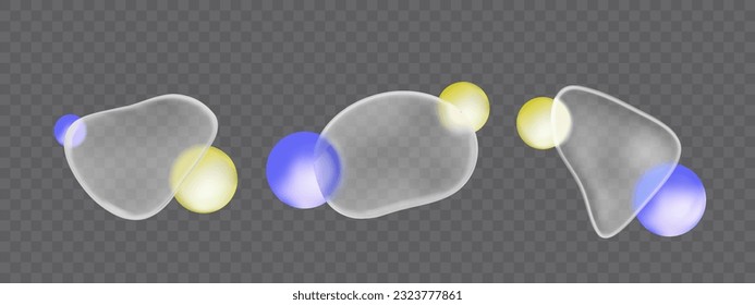 3d blob shape with glass morphism gradient blur effect on transparent background. Abstract plastic texture frame with geometric  round sphere template. Modern plate mockup icon with blue and yellow