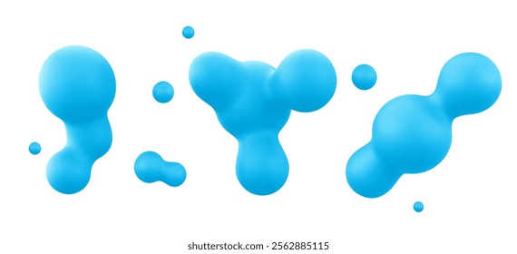 3D blob shapes collection in bright blue color - flowing liquid forms with smooth organic curves and spherical droplets. Modern abstract fluid elements of metaballs. Floating paint or decorative lava.