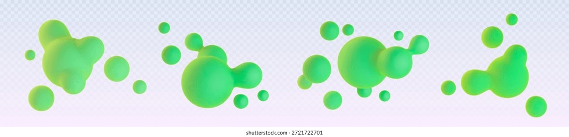 3D blob shapes with liquid gradient effect on white background - abstract green spheres and bubbles floating. Soft metaball molecular elements with fluid form for modern design and creative projects.