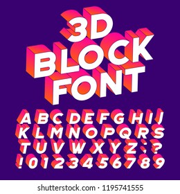 3D block alphabet font. Three-dimensional effect letters, numbers and symbols. Stock vector typography for your design.