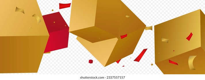3d Block Flying Glitter Vector Panoramic Transparent Background. Orange Confetti Fly Gift Illustration. Golden Box Art Wallpaper. Fashion Shape Realistic Banner.