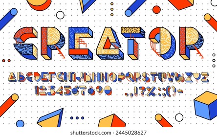 3D block font, memphis type of geometric 90s typeface script, vector traditional english alphabet. Modern geometric font or abstract type letters with creative memphis pattern sketch of cubic blocks