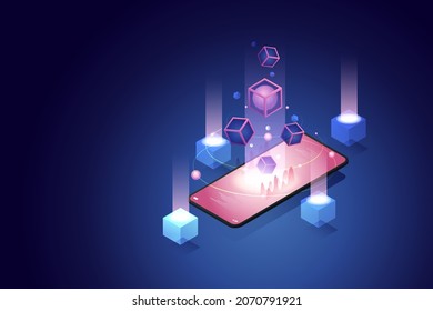 3D Blockchain technology for smartphone. Future Technology Concept Blockchain Cryptocurrency. isometric vector illustration.