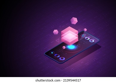 3D Blockchain technology for smartphone. Future Technology Concept Blockchain Cryptocurrency. isometric vector illustration.