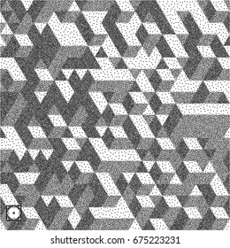 3d blocks structure background. Black and white grainy design. Stippling effect. Vector illustration. Pointillism pattern. 