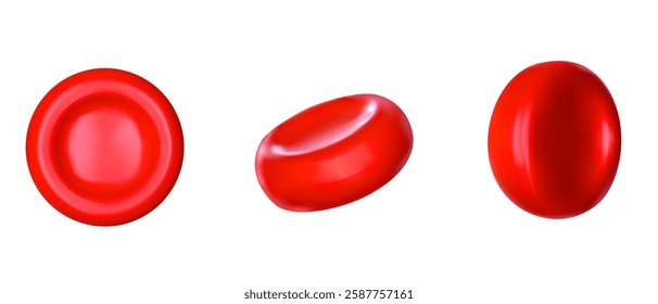3d blood cells different view in realistic glossy style. Red human vascular erythrocytes. Set medical vector elements for learning.