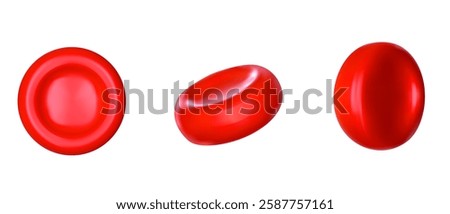 3d blood cells different view in realistic glossy style. Red human vascular erythrocytes. Set medical vector elements for learning.