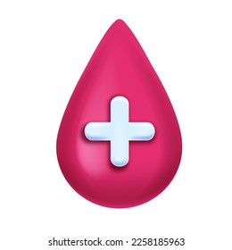 Icono de gota de sangre 3D, insignia abstracta de donante médico vector, signo de hospital de salud, cruz blanca. Concepto de día de donación, ilustración de seguro de salud, forma de gota aislada. Elemento de diseño de gota de sangre