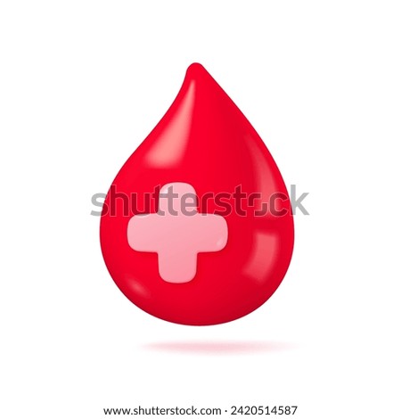 3D blood drop. Red blood drop with white cross sign. The concept of blood donation to save the lives of patients. 3D vector Illustration.