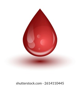 3D Blood Drop with Shadow Isolated on White Background. Realistic Red Blood Drop. Blood Donation, Platelets, Stem Cells. Vector file illustration. Dna Test, Disease. Donor Day.