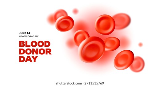 Fondo de glóbulos rojos en 3D. Día Mundial del Donante de Sangre. Ilustración vectorial realista. Cuidado de la salud, hospital, clínica, laboratorio, concepto de diseño de emergencia