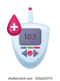 3D blood sugar vector test machine icon, electronic glucometer measuring device medical technology. Home diabetes check tester, healthcare pharmacy clipart, button. Sugar test insulin meter on white