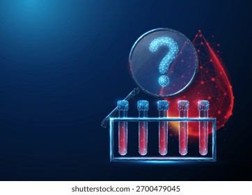 Estante de la prueba de sangre 3D, gota de sangre con una lupa y signo de interrogación dentro. Diagnóstico médico, condición de sangre desconocida, concepto de patología no diagnosticada. Estilo futurista digital de baja poli. Vector.