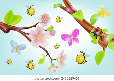 Rama de Sakura floreciente en 3d con volar alrededor de las abejas, mariposa y mariquita insecto estilo de dibujos animados. Ilustración de vector