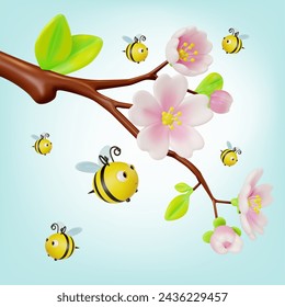 3d Blooming Sakura Branch with Flying around Bees Cartoon Style Beekeeping Concept. Vector illustration of Spring Season