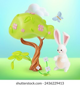 3d Blooming Tree with Flying Butterfly and White Bunny Sitting Under Cartoon Style Spring Concept. Vector illustration