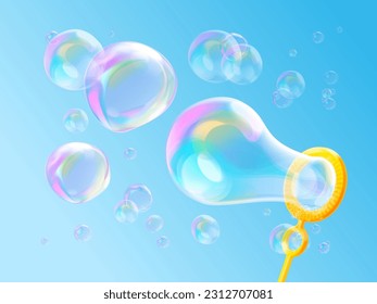 3d blowing bubbles. Realistic soap bubble flying from wand, kids foam souffle play in colorful oxygen shampoo translucent clear ball, child game concept exact vector illustration