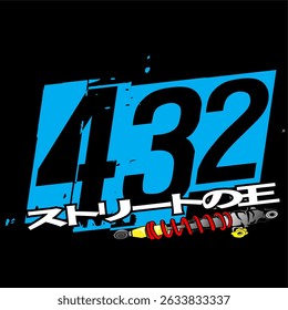 3D blue 432 number vector and text KING OF THE ROAD japanese spelling, sport concept, simple black background.