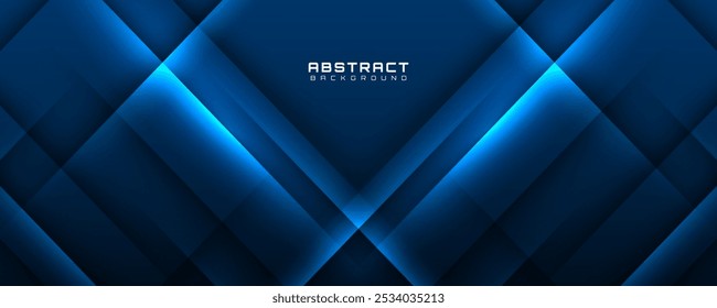 O plano de fundo abstrato azul 3D sobrepõe a camada no espaço escuro com a decoração de efeito de linhas brilhantes. Conceito de estilo de forma de recorte de elemento de design gráfico moderno para banner da Web, folheto, cartão ou capa de folheto