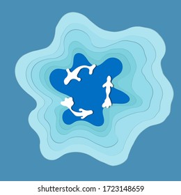 3D blue abstract background with paper cut shapes.Blue pond and fancy carp fish.Vector illustration